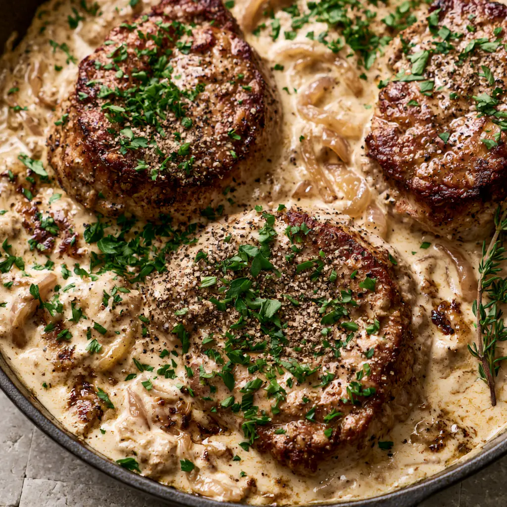 Close-up of translucent onion slivers and coarse black pepper on top of pork medallions with onion gravy.