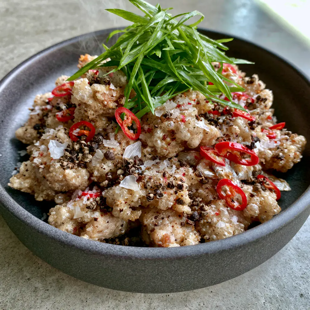 Salt and Pepper Pork: The Ultimate Ultra-Crispy Garlic and Chili Guide 2 Close up shot of golden-blonde salt and pepper pork bites showing jagged crispy starch edges.