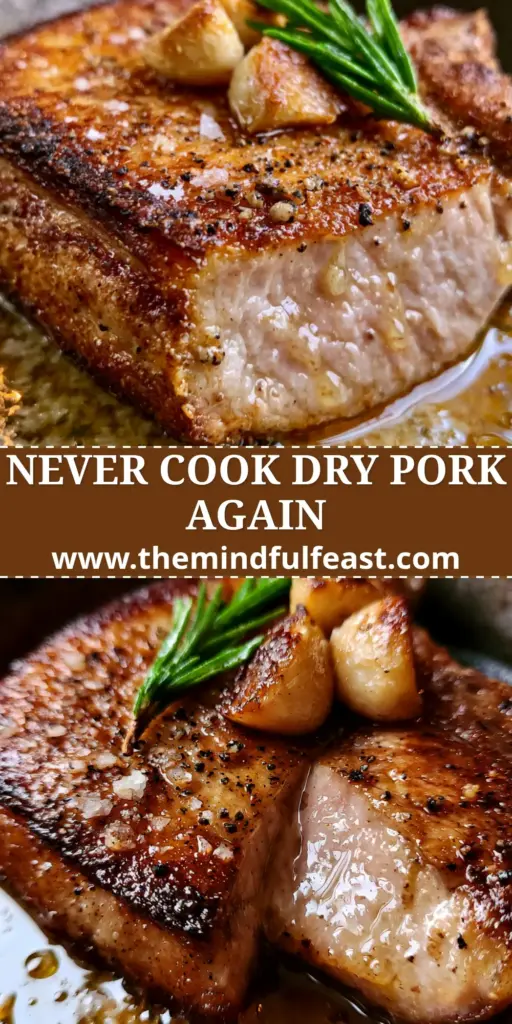 Pork Recipes: The Ultimate Garlic Herb Butter Pan-Seared Thick-Cut Chop 4 A top-down macro shot of a pan-seared pork chop in a cast iron skillet with garlic and rosemary. (pork recipes)
