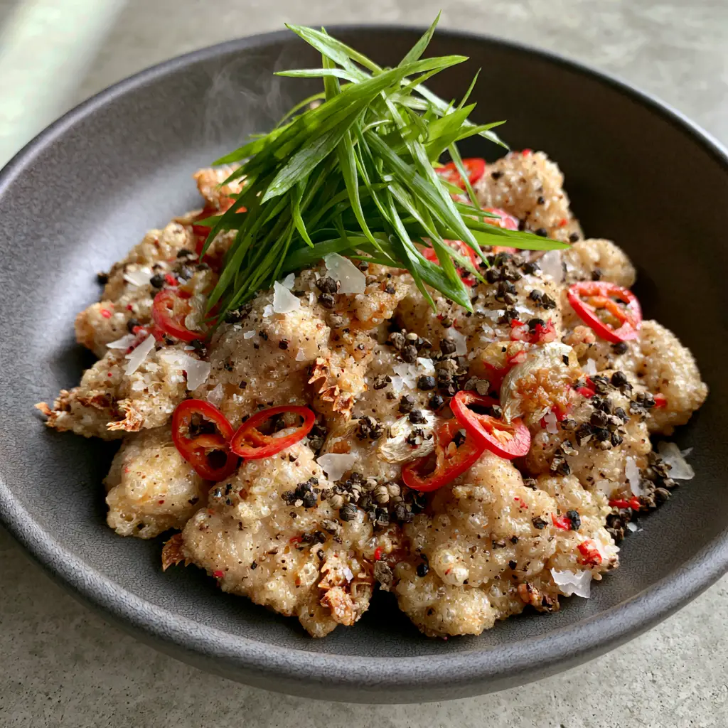 Salt and Pepper Pork: The Ultimate Ultra-Crispy Garlic and Chili Guide 1 Smartphone photo of salt and pepper pork in a charcoal bowl on a concrete background with side lighting.