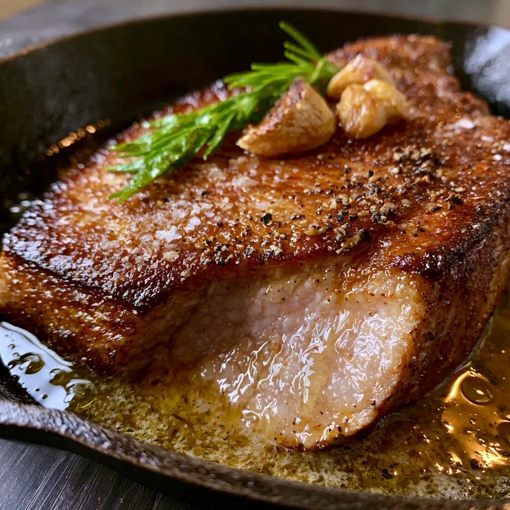 Pork Recipes: The Ultimate Garlic Herb Butter Pan-Seared Thick-Cut Chop 2 Macro shot of a thick-cut pork chop showing deep golden caramelization and sea salt flakes. (pork recipes)