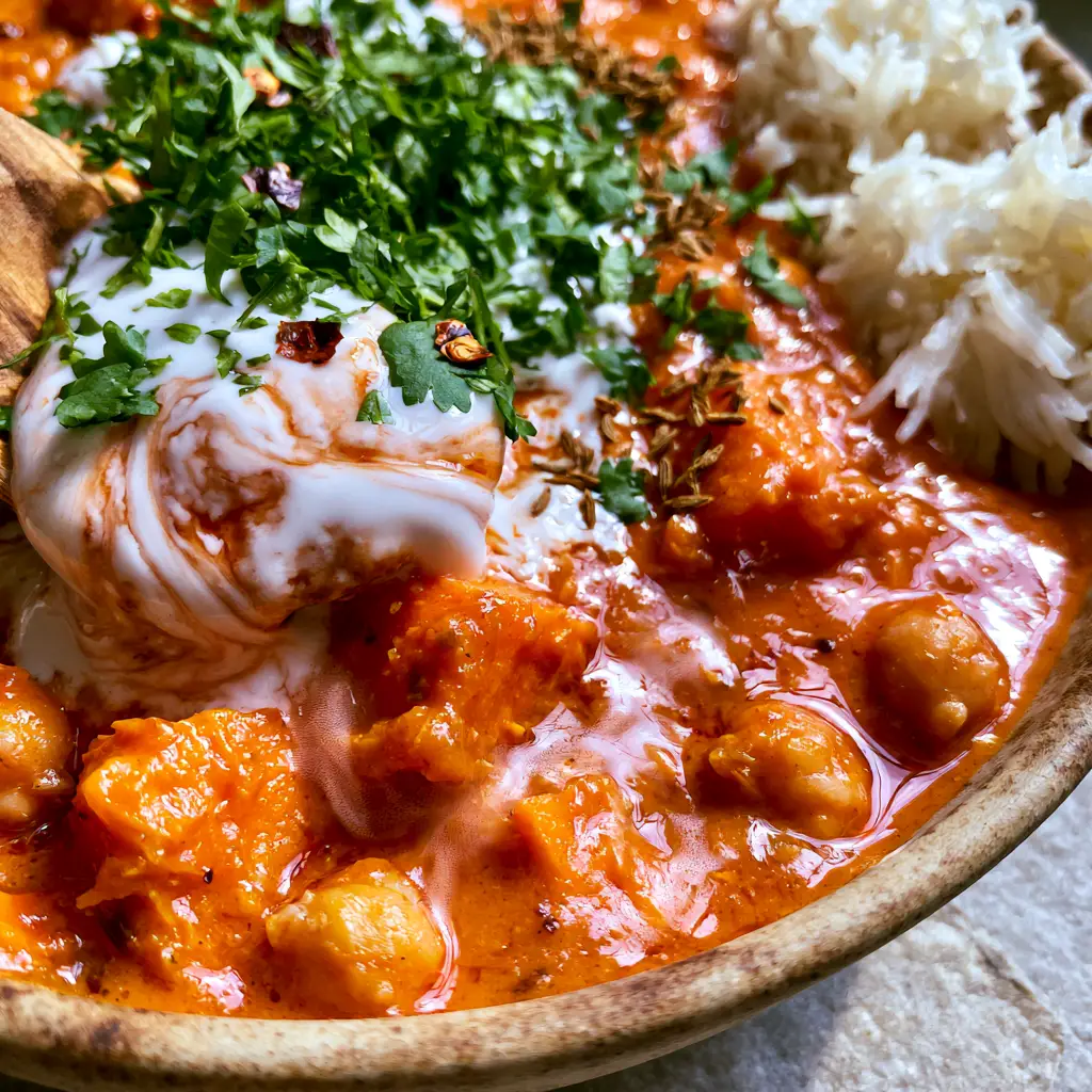 Indian Curries: The Ultimate Creamy Sweet Potato and Chickpea Recipe 2 Extreme close-up of thick orange curry sauce with a wooden spoon drizzling coconut cream. (Indian curries)