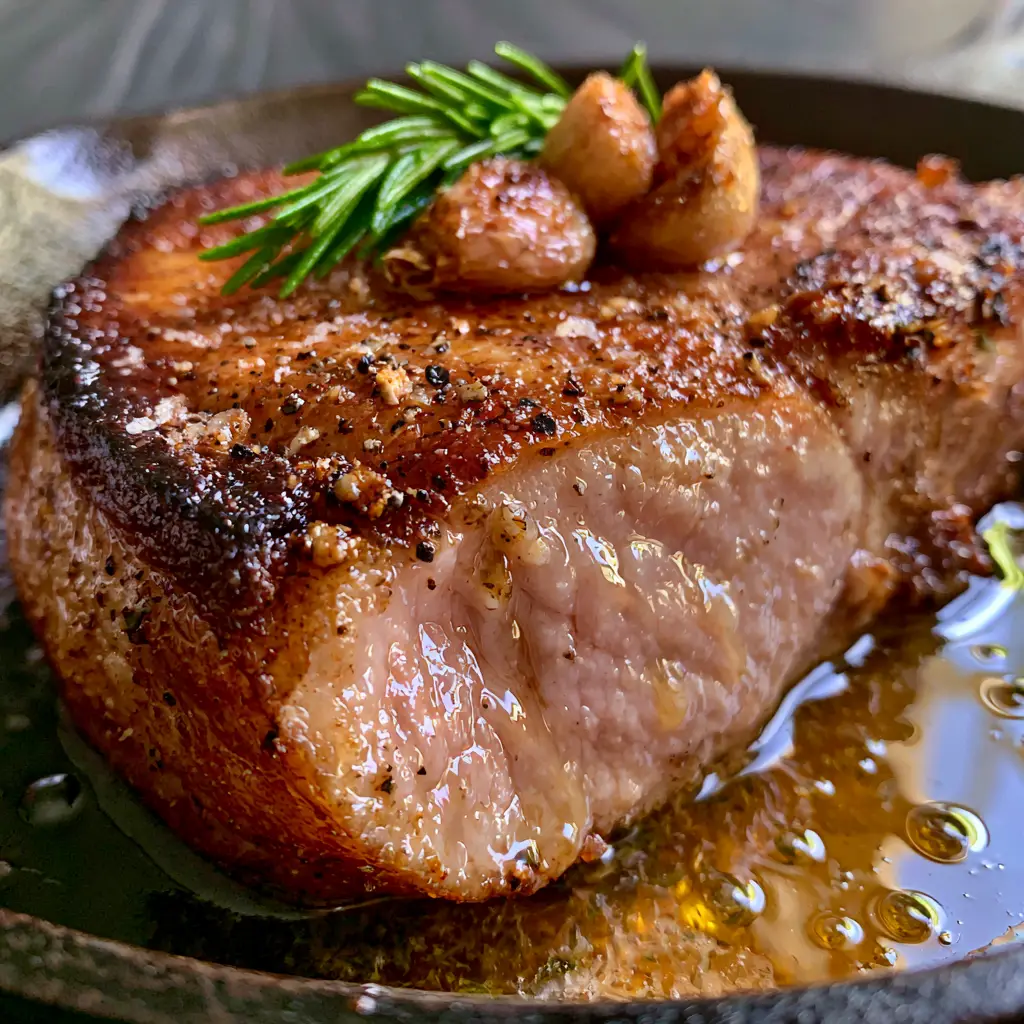 Pork Recipes: The Ultimate Garlic Herb Butter Pan-Seared Thick-Cut Chop 1 A sliced pork chop in a skillet revealing a glistening moist pale-pink interior and weeping juices.