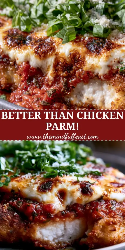 Pork Parmigiana with a Crispy Panko Parmesan Crust and Bubbly Mozzarella 4 A close-up of a crispy Pork Parmigiana cutlet with melted mozzarella and fresh basil on a grey plate.