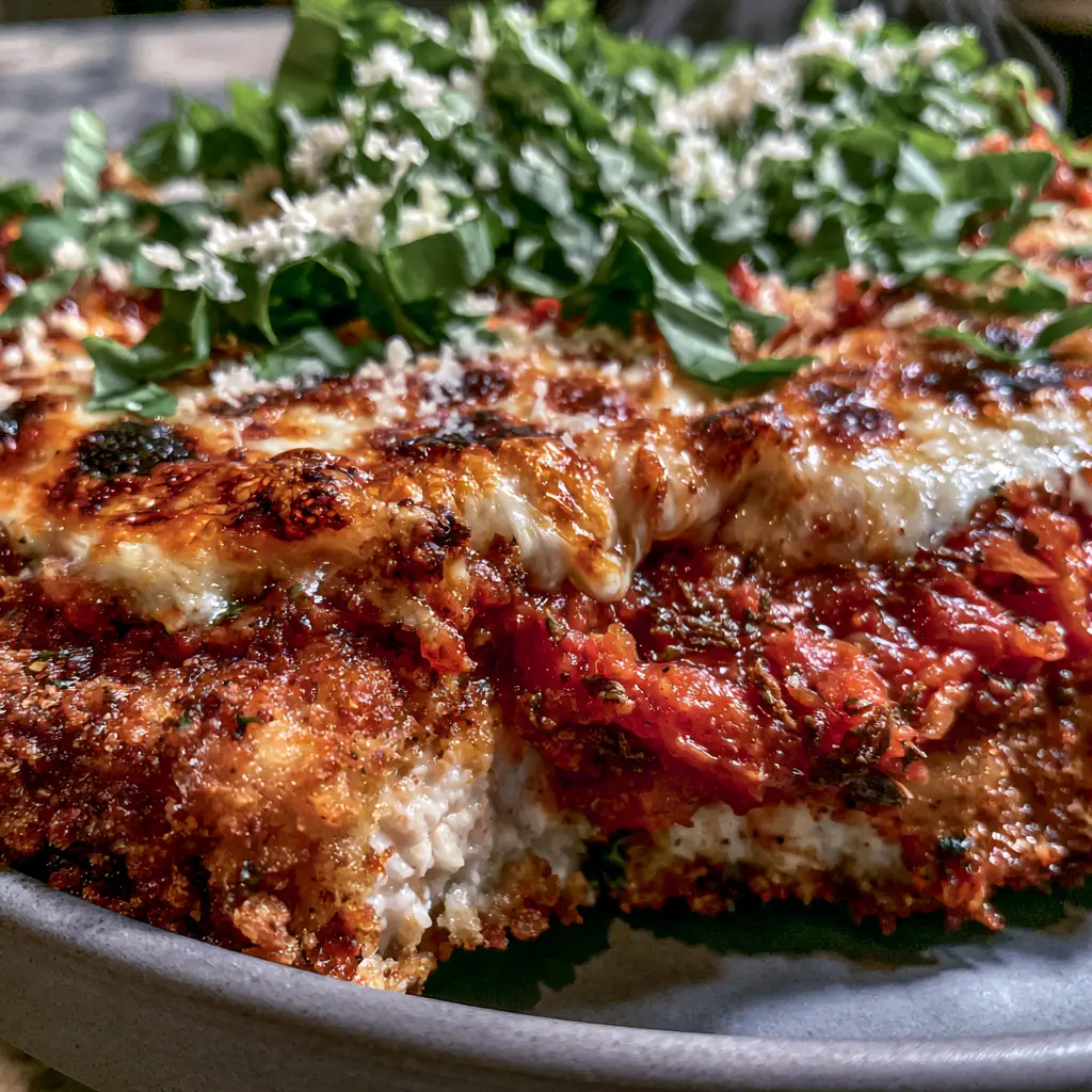 Pork Parmigiana with a Crispy Panko Parmesan Crust and Bubbly Mozzarella 1 A thick blanket of melted mozzarella with golden charred spots over a vibrant red marinara sauce on pork.