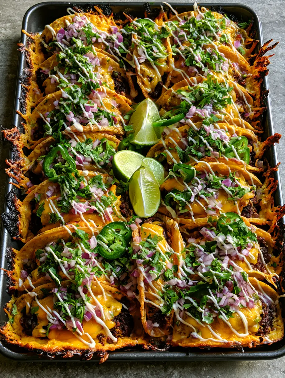 Crispy Baked Tacos with Lacey Cheese Skirts and Lime Crema 3 Close up of Crispy Baked Tacos showing bubbling cheddar cheese and golden toasted corn shells.