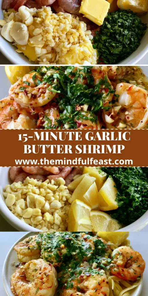 Quick Shrimp Scampi with Garlic Butter and Al Dente Linguine 4 A top-down view of Quick Shrimp Scampi with jumbo seared shrimp, pink tails, and glossy linguine garnished with lemon and parsley.