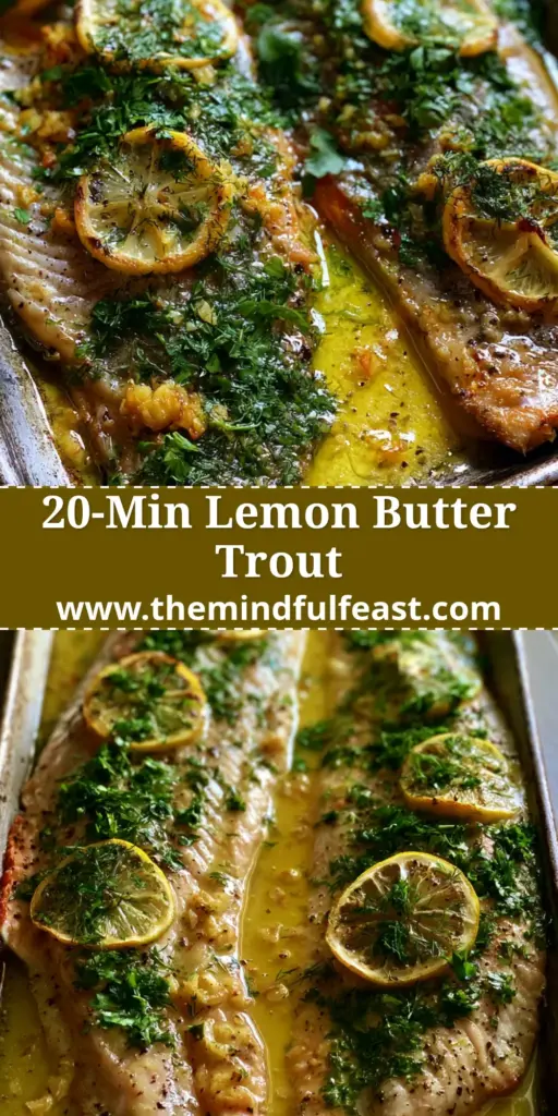 Lemon Herb Butter Trout: The Ultimate 20-Minute Gourmet Sheet Pan Dinner 4 A top-down view of two seared trout fillets on a rustic metal sheet pan covered in glossy lemon herb butter trout sauce, charred lemons, and fresh dill.