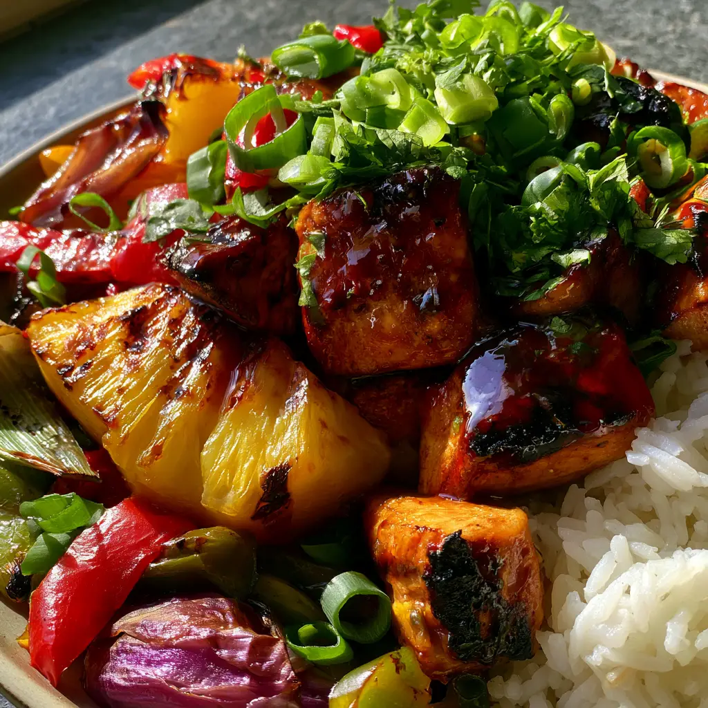 Overhead view of a sheet pan dinner featuring red and green blistered peppers, charred onions, and glazed chicken. (hawaiian recipe)