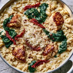 Close-up of golden-brown chicken chunks and plump orzo in a glossy garlic cream sauce. (creamy orzo chicken recipe)