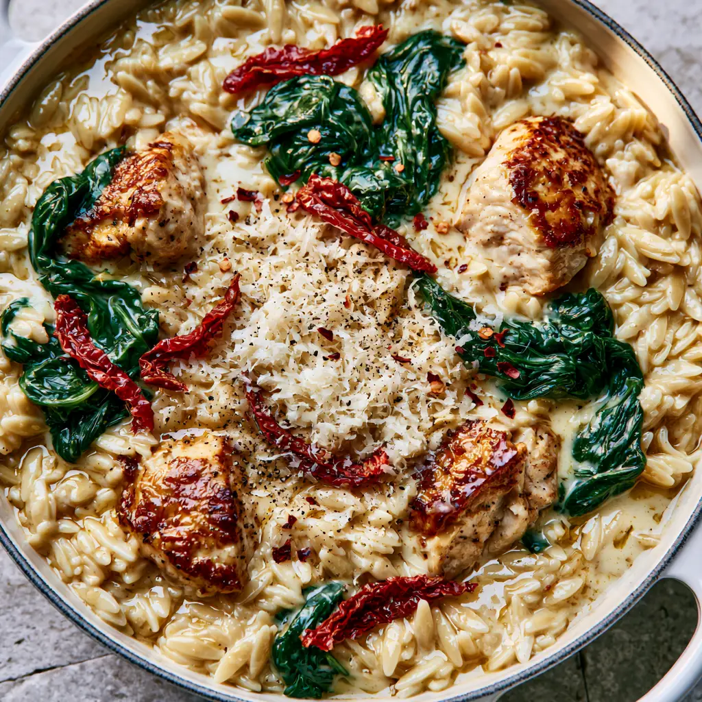 Close-up of golden-brown chicken chunks and plump orzo in a glossy garlic cream sauce. (creamy orzo chicken recipe)