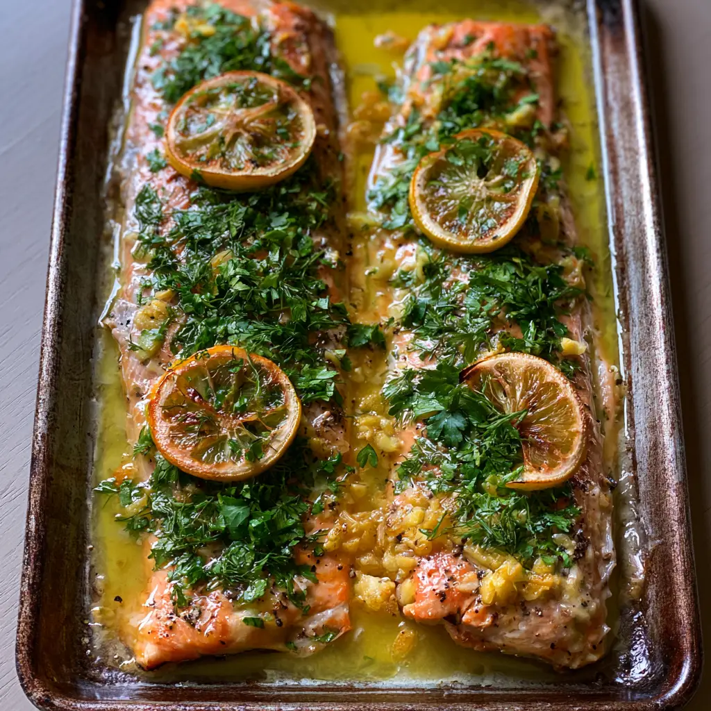 Close up of flaky lemon herb butter trout fillets with golden minced garlic and cracked black pepper in a buttery sauce.