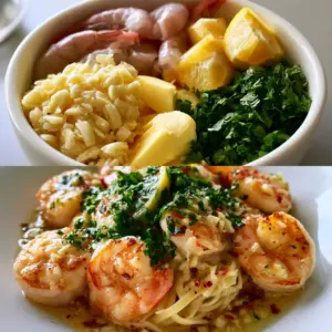 Dual panel image showing raw shrimp and garlic ingredients on top and the finished seared Quick Shrimp Scampi on the bottom.