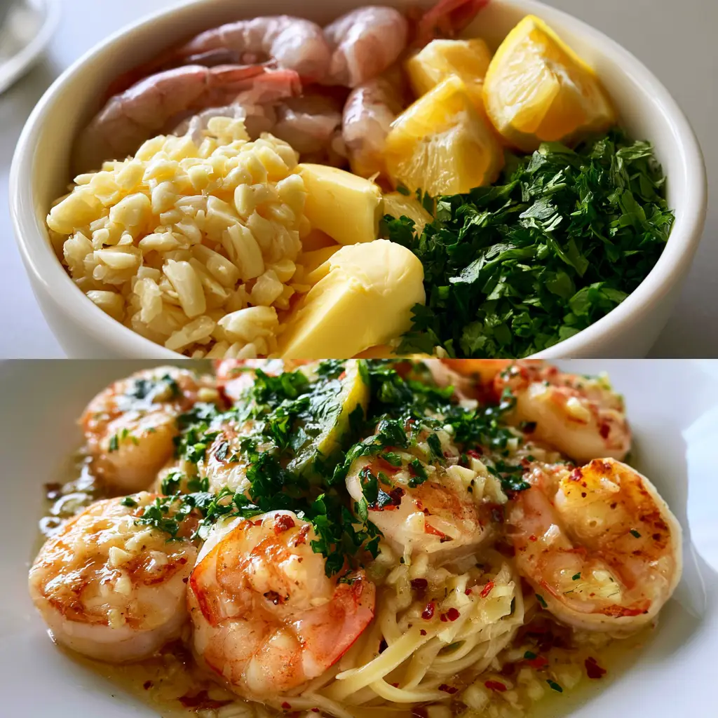 Dual panel image showing raw shrimp and garlic ingredients on top and the finished seared Quick Shrimp Scampi on the bottom.