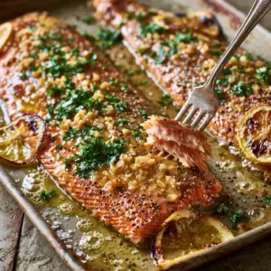 Extreme close-up of a silver fork lifting a flaky piece of juicy garlic butter trout with golden-charred skin. (garlic butter trout)