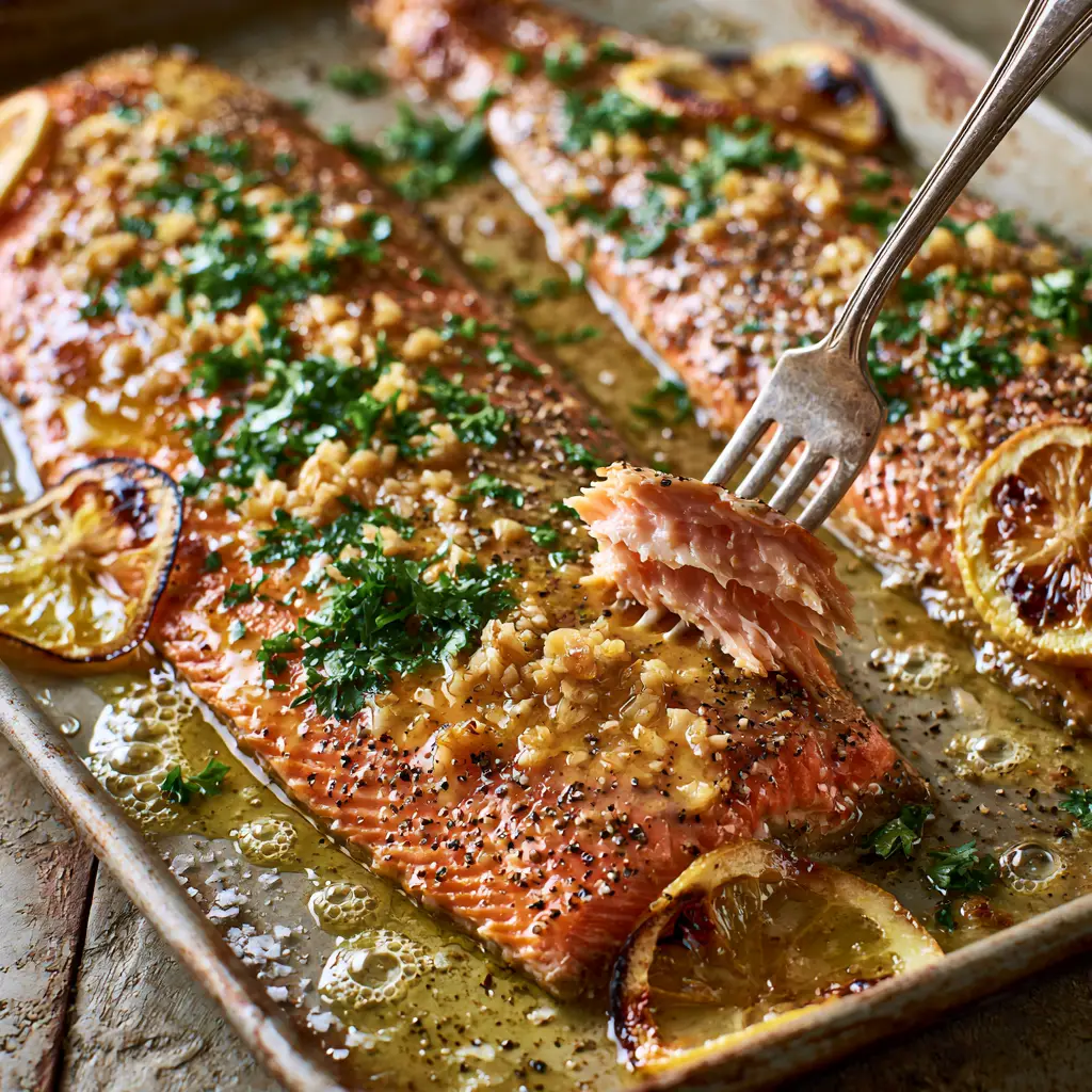 Extreme close-up of a silver fork lifting a flaky piece of juicy garlic butter trout with golden-charred skin. (garlic butter trout)