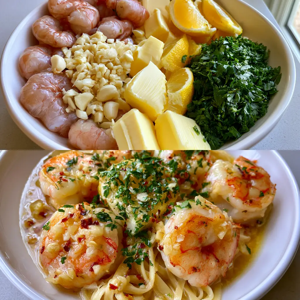 Quick Shrimp Scampi with Garlic Butter and Al Dente Linguine 1 Close up of shimmering garlic butter sauce on linguine with seared jumbo shrimp and red pepper flakes.