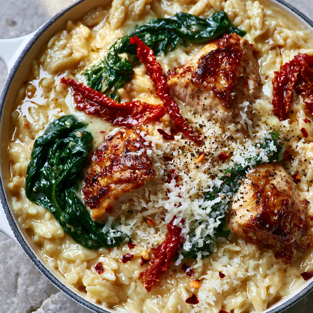 Creamy Orzo Chicken Recipe with Sun-Dried Tomatoes and Spinach 1 High-angle view of a white enameled skillet containing a creamy orzo chicken recipe with fresh cracked black pepper and chili flakes.