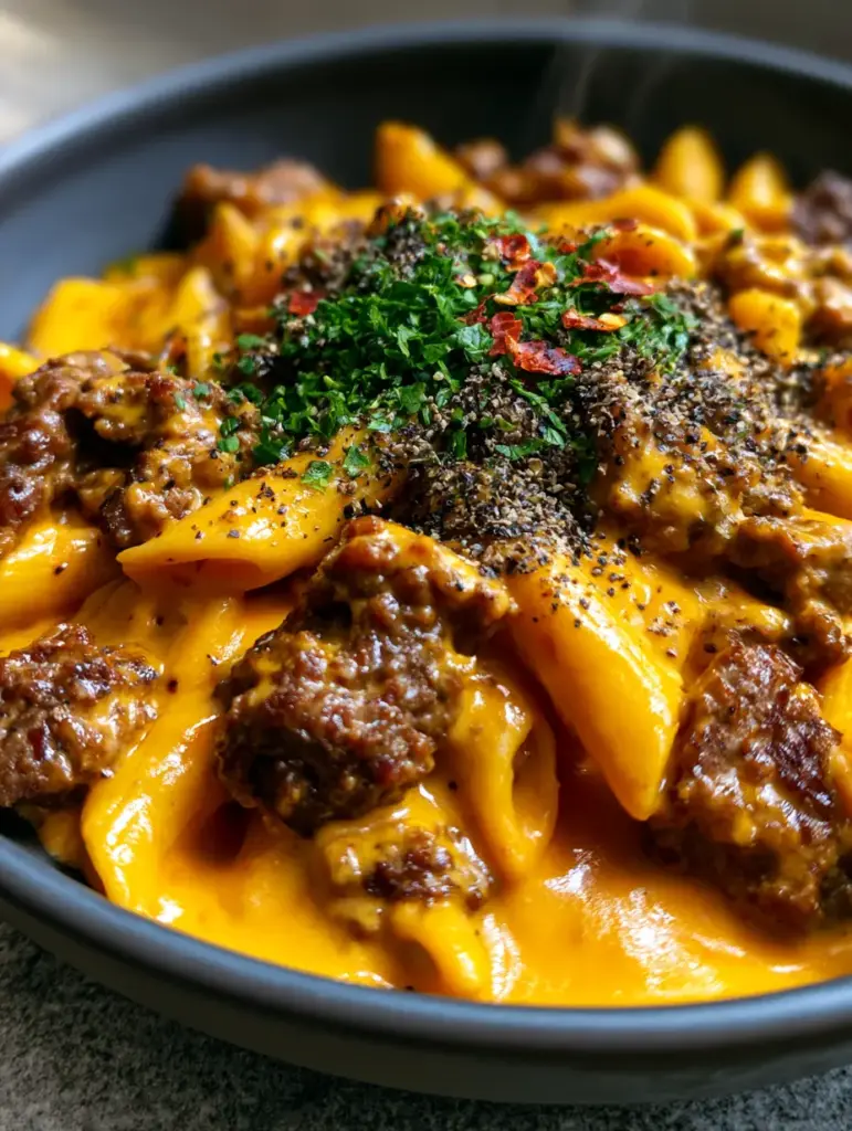 Creamy Beef Pasta with a Thick Sunset Orange Velvety Sauce 2 Macro photo of creamy beef pasta showcasing the velvety sunset-orange sauce and seared beef crumbles.