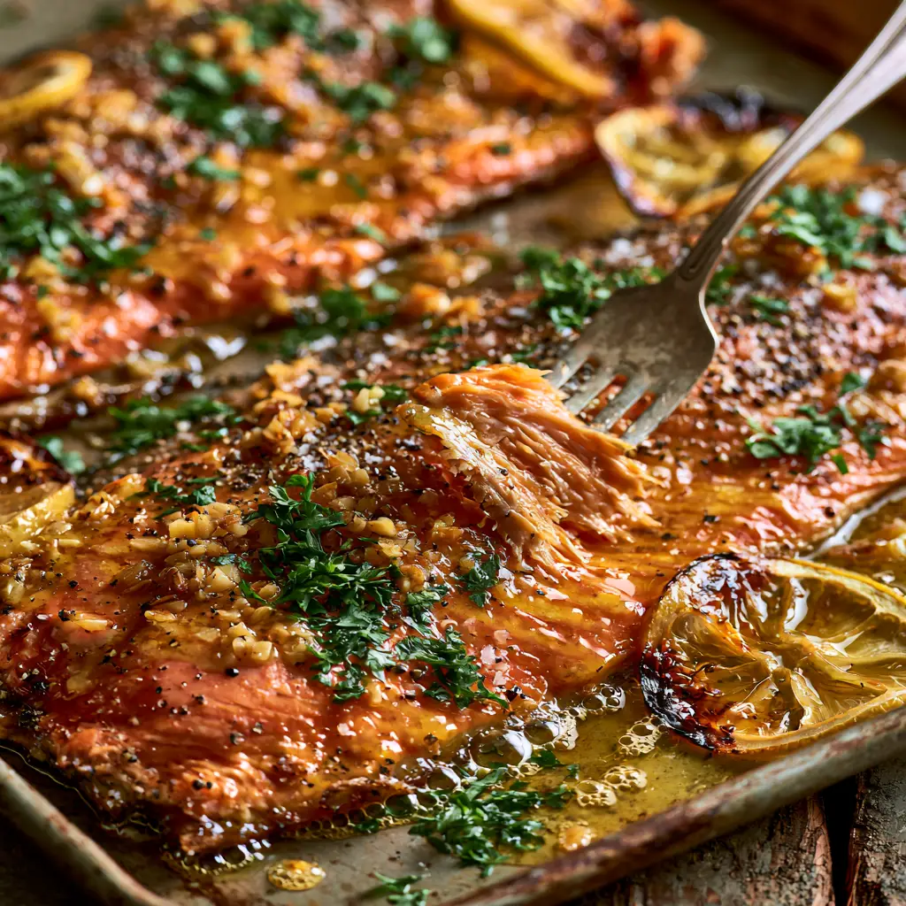 Two trout fillets glistening with a thick garlic butter glaze, sautéed garlic bits, and coarse sea salt flakes. (garlic butter trout)
