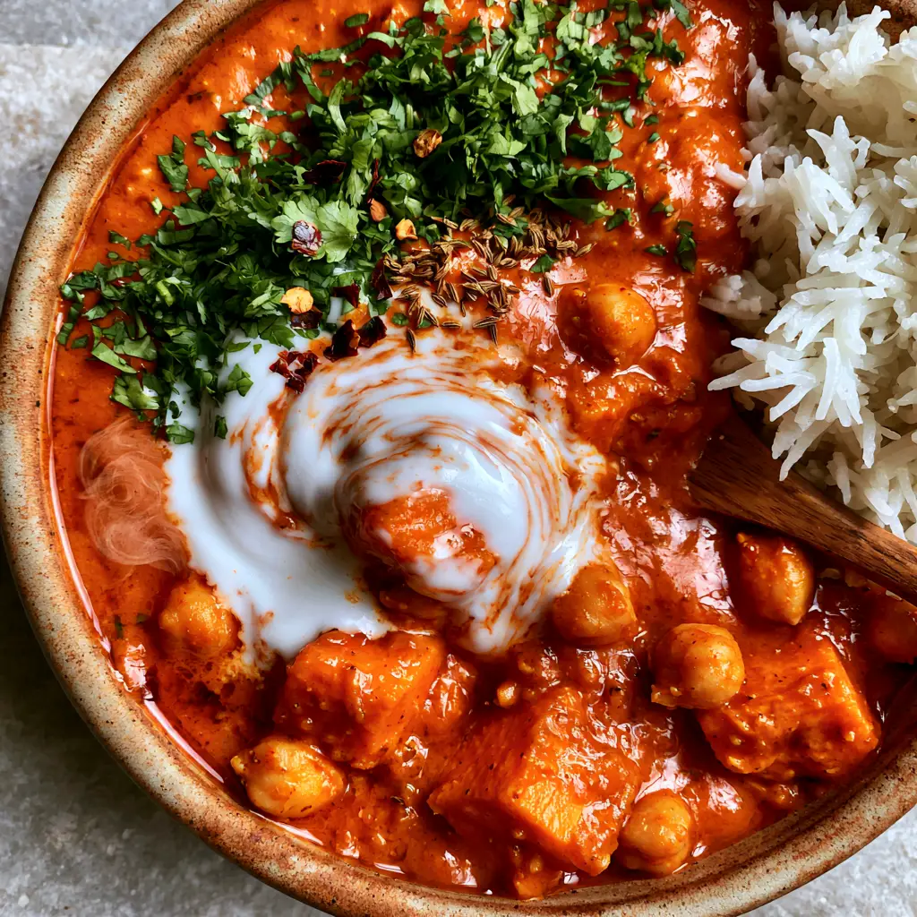 Indian Curries: The Ultimate Creamy Sweet Potato and Chickpea Recipe 1 Overhead shot of sweet potato chunks and chickpeas in a vibrant turmeric sauce with fresh cilantro.