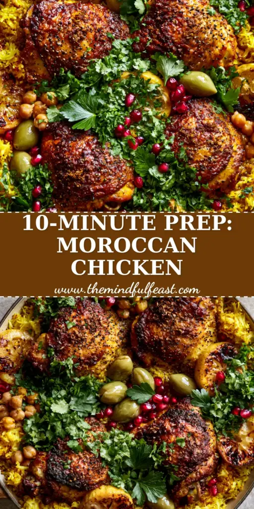 Moroccan Chicken with Golden Turmeric Rice and Saffron 4 A rustic enameled skillet containing Moroccan chicken thighs with crispy bronze skin and golden turmeric rice topped with pomegranate and herbs.