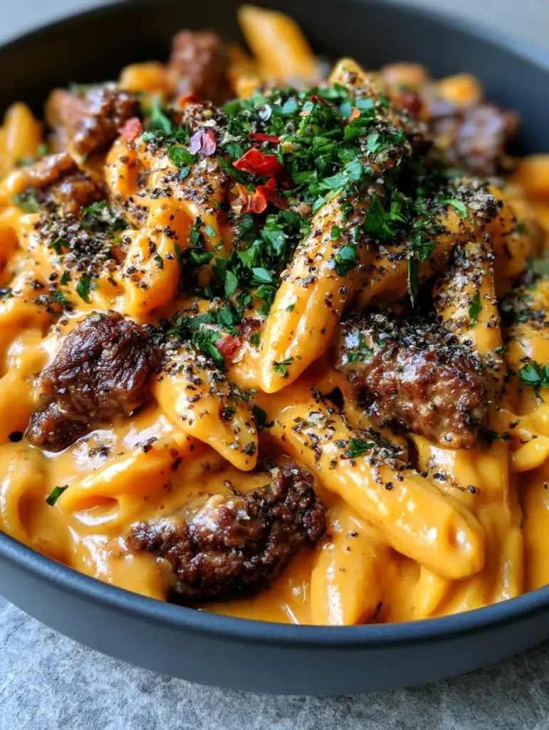 Creamy Beef Pasta with a Thick Sunset Orange Velvety Sauce 1 Handheld smartphone photo of a charcoal ceramic bowl filled with glossy creamy beef pasta.