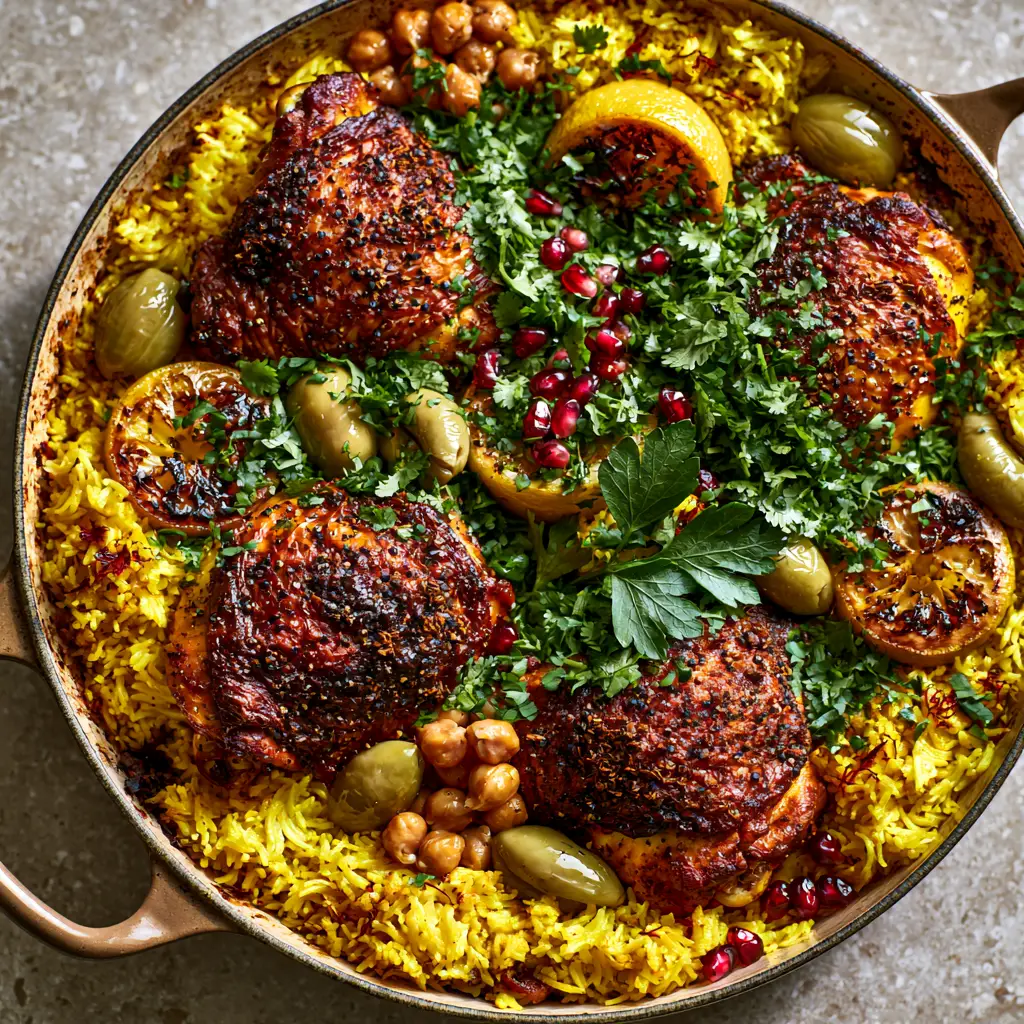 Home 6 Top-down view of Moroccan chicken with deeply seared skin and golden saffron rice in a cast iron pan. (Moroccan chicken)