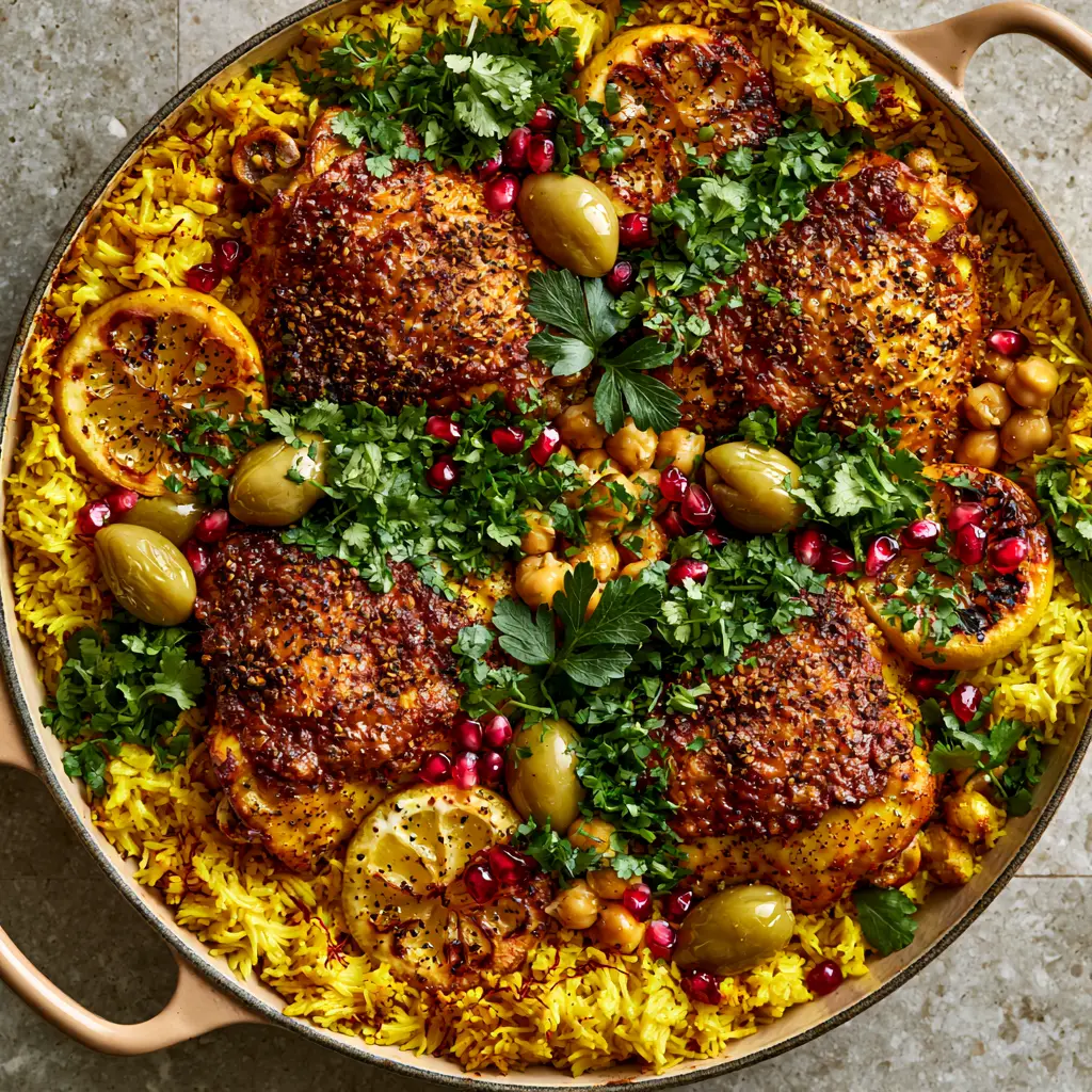 Moroccan Chicken with Golden Turmeric Rice and Saffron 1 Close up shot of crispy Moroccan chicken thighs with charred lemons, green olives, and pomegranate seeds.