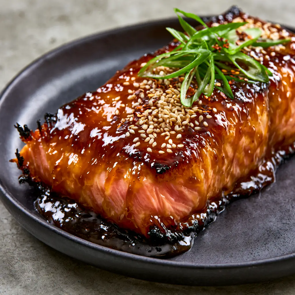 Close up of a glazed salmon fillet showing the charred crispy edges and the thick amber-colored sauce pooling in the crevices. (Glazed salmon fillet)