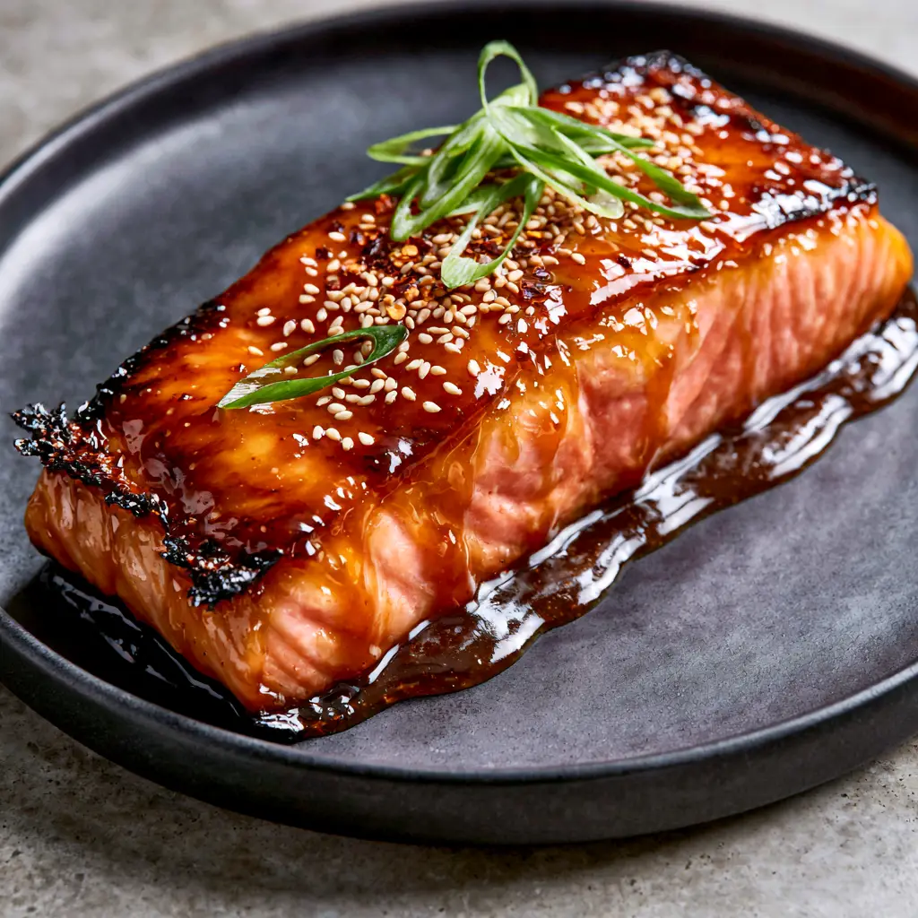 Glazed salmon fillet with Honey Garlic and Toasted Sesame 1 A side view of the glazed salmon fillet on matte black stoneware showing the vibrant pink flaky interior.