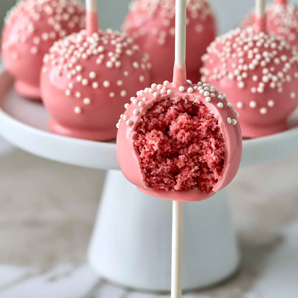 Close up of a pink cake pop with a bite taken out showing the moist interior crumb. (how to make cake pops)