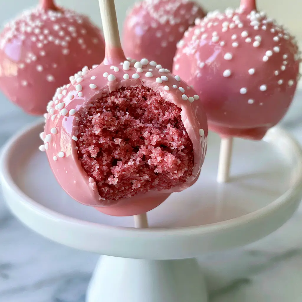 How to Make Cake Pops: The Ultimate Starbucks Copycat Guide 1 A professional display of pink cake pops on a white ceramic stand on a marble surface.