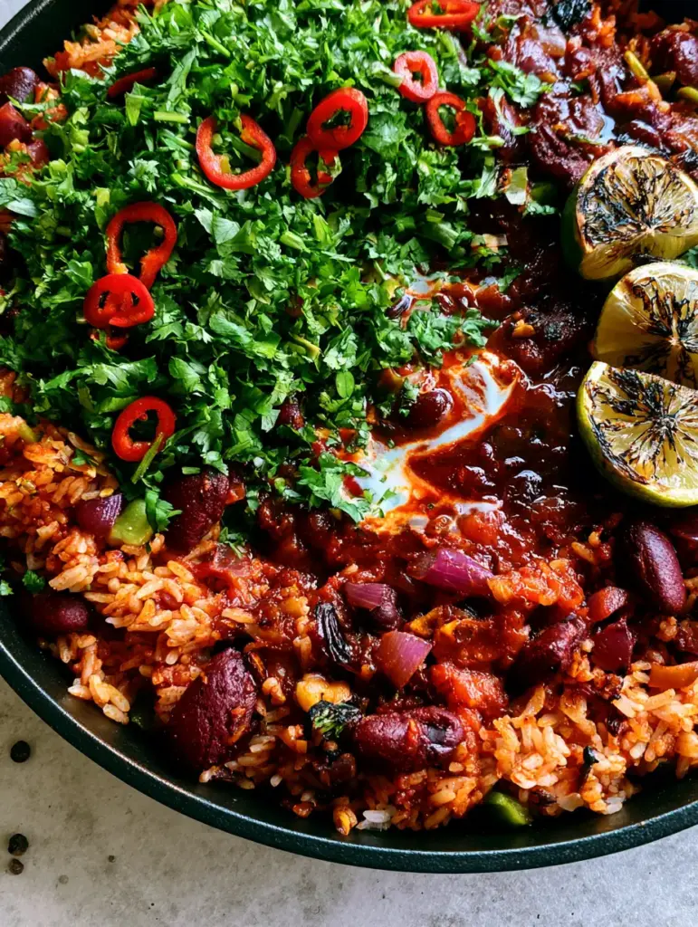Kidney Beans and Rice Skillet: A Vibrant One-Pan Masterpiece 2 Close-up of glossy tomato sauce and plump kidney beans in a Kidney Beans and Rice Skillet.