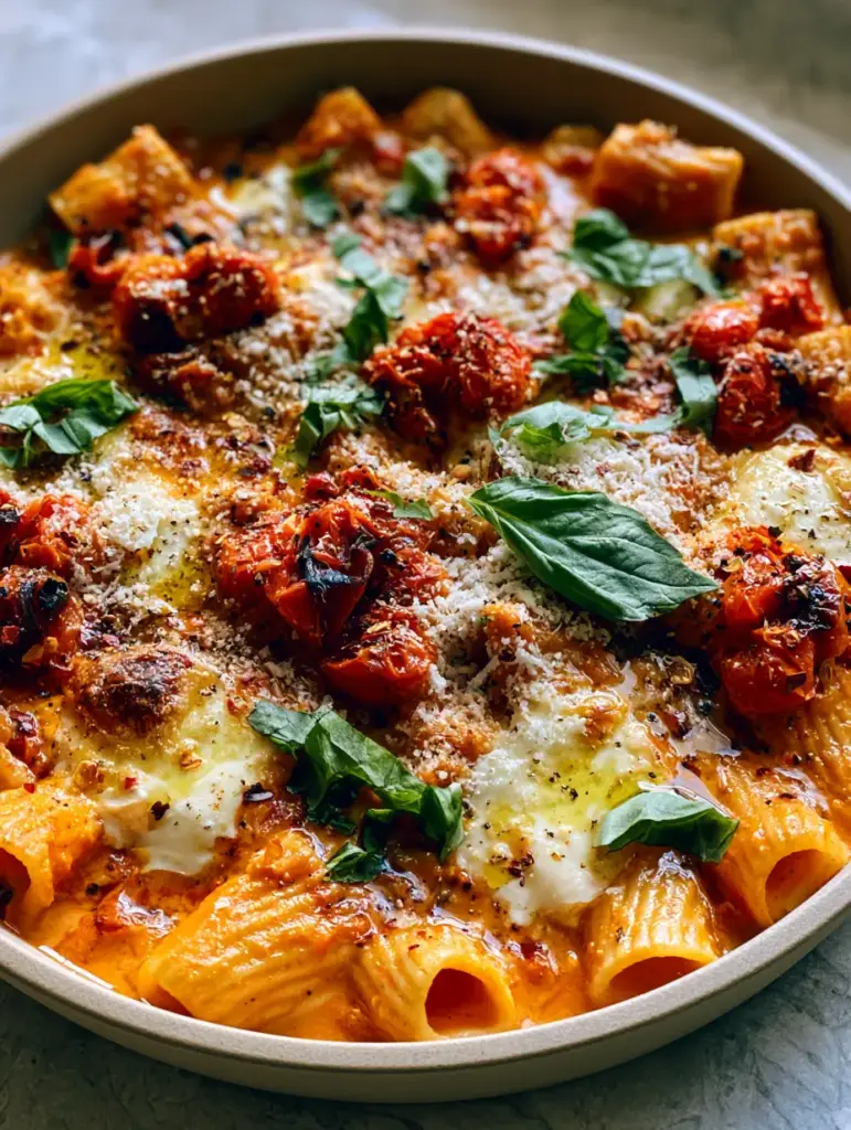 High-angle shot of a matte ceramic pan filled with sunset-orange rigatoni pasta and melted mozzarella. (Easy pasta recipes)