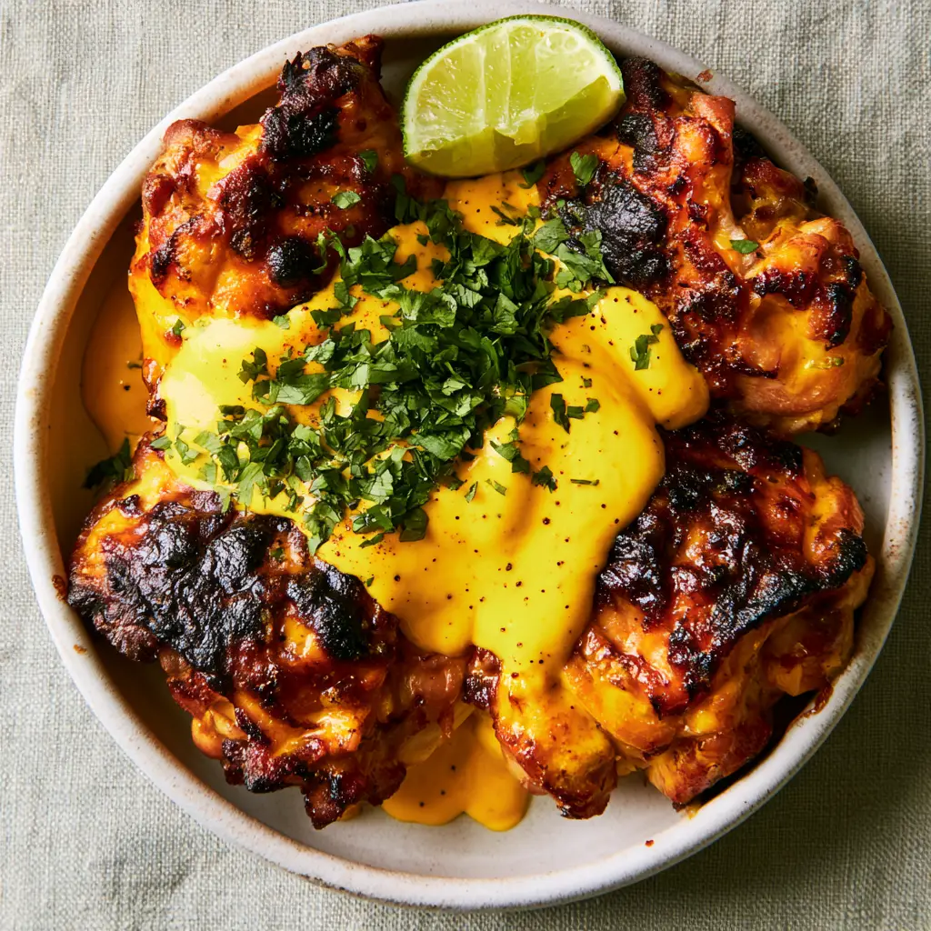 Macro photo of glistening roasted Peruvian Amarillo Chicken with charred skin and bright cilantro garnish.