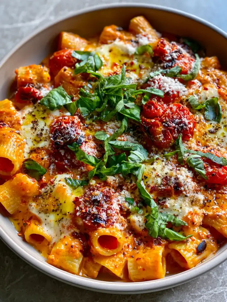 Easy pasta recipes: Creamy Rigatoni Vodka Sauce with Blistered Tomatoes 1 Close-up of al dente rigatoni topped with micro-grated parmesan and fresh basil.