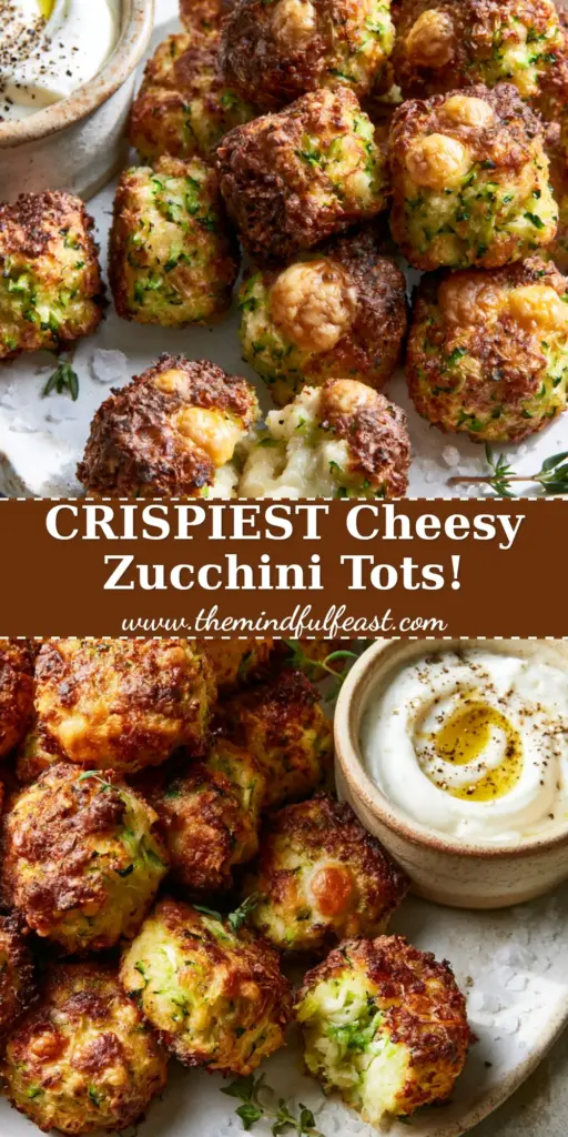 A pile of golden-brown Cheesy Baked Zucchini Tots on a white plate with a side of creamy yogurt dip.