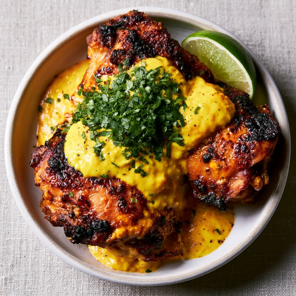 Close-up of velvety yellow cream sauce drizzled over charred Peruvian Amarillo Chicken.