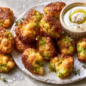 Close up of Cheesy Baked Zucchini Tots showing crispy charred cheddar edges and green zucchini flecks.