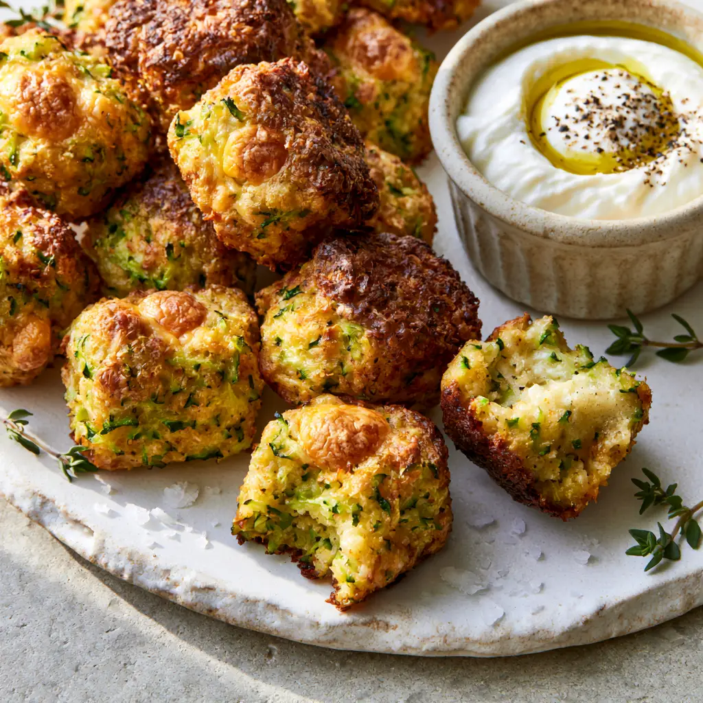 Top-down view of Cheesy Baked Zucchini Tots on a rustic plate with fresh thyme sprigs and dipping sauce.