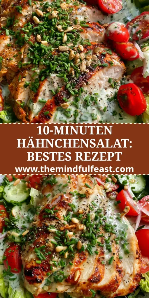 Hähnchensalat Rezept: Vibrant 10-Minute Grilled Chicken Salad 3 A top-down view of a vibrant Hähnchensalat Rezept in a white ceramic bowl featuring seared chicken with charred grill marks, fresh chives, and toasted sunflower seeds.