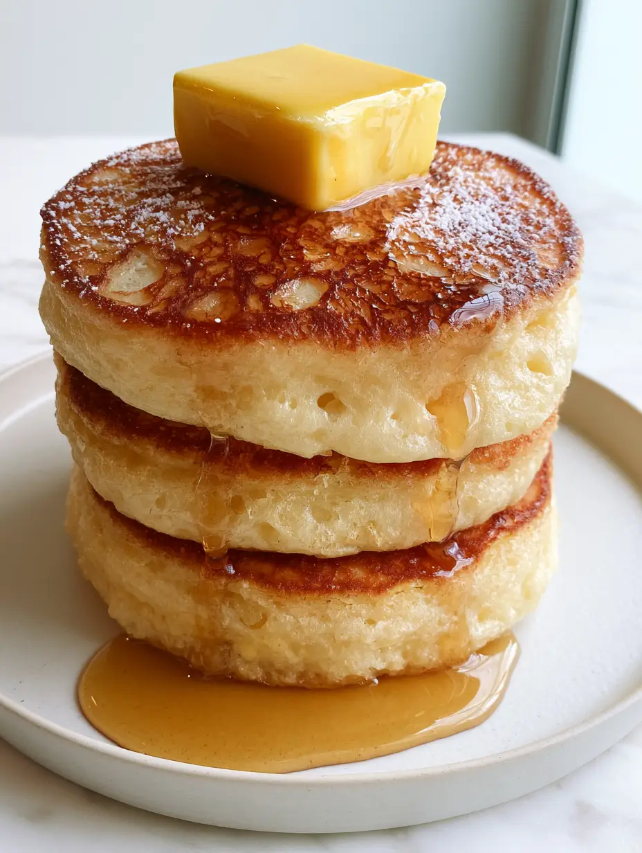 A stack of three ultra-thick, aerated buttermilk pancakes with lacy griddle marks and cascading syrup on a white plate. (pancake and waffle guide poster)