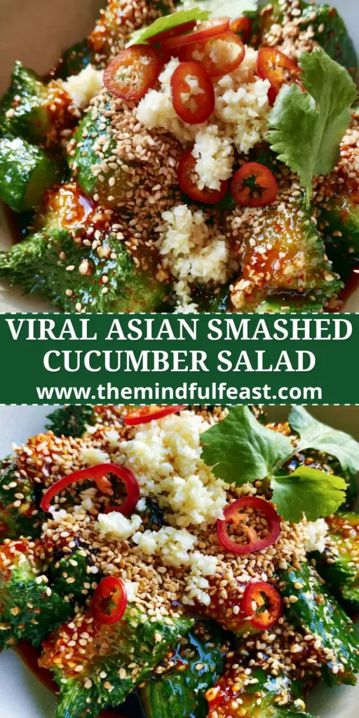Cucumber Salad Recipes: The Viral Asian Smashed Cucumber Salad 4 A close-up vertical shot of Asian smashed cucumber salad with red chili oil and sesame seeds in a white bowl. (cucumber salad recipes)