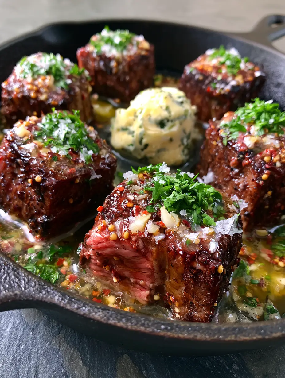 Cowboy Butter Steak Bites: The Ultimate 15-Minute Cast Iron Ribeye 4 Close up of golden-seared ribeye steak cubes with a dollop of herb butter. (cowboy butter steak bites)
