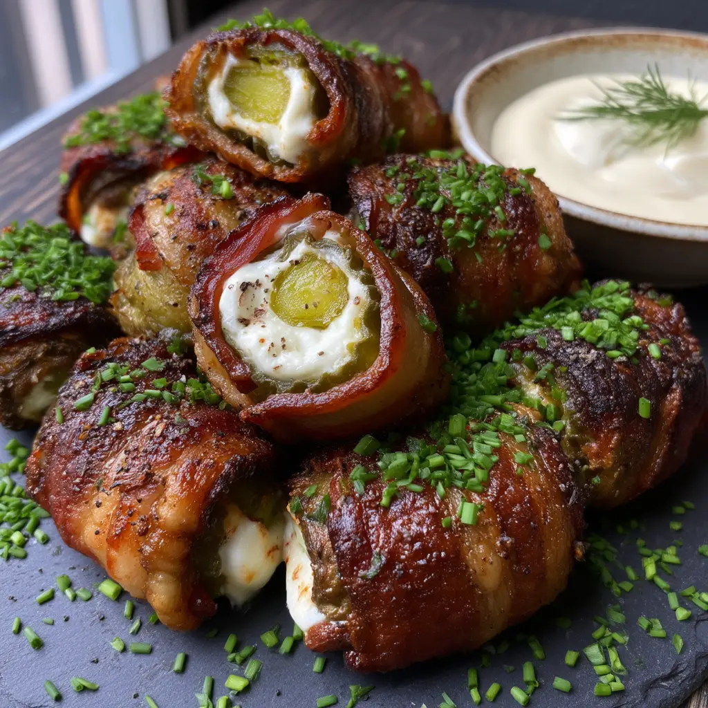 Pickle Poppers with Crispy Applewood Smoked Bacon and Creamy Ranch 2 Close up of air-fried bacon wrapped pickle poppers sliced at an angle showing cream cheese filling. (pickle poppers)