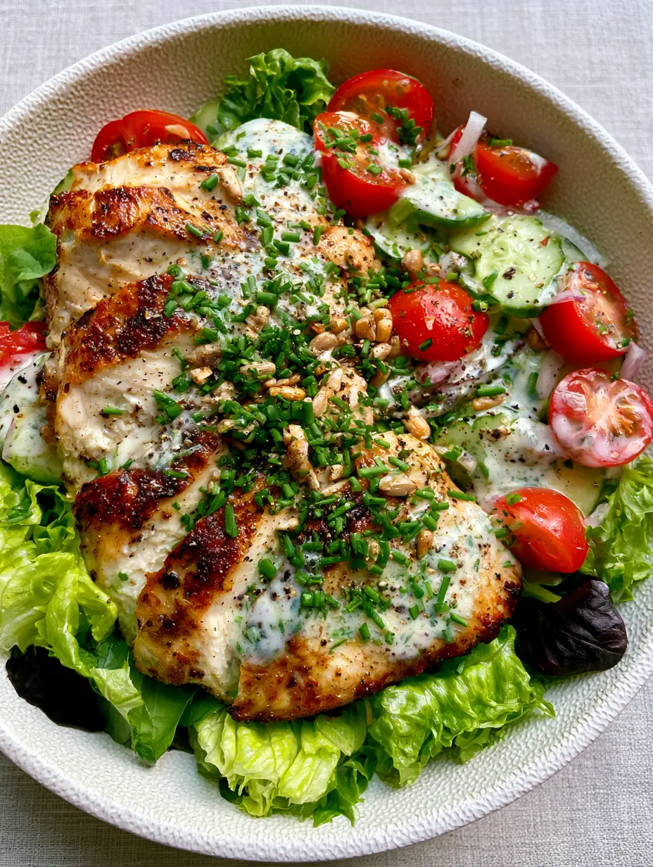 Hähnchensalat Rezept: Vibrant 10-Minute Grilled Chicken Salad 4 Close up photo of seared chicken breast with golden-brown grill marks on a bed of greens. (Hähnchensalat Rezept)