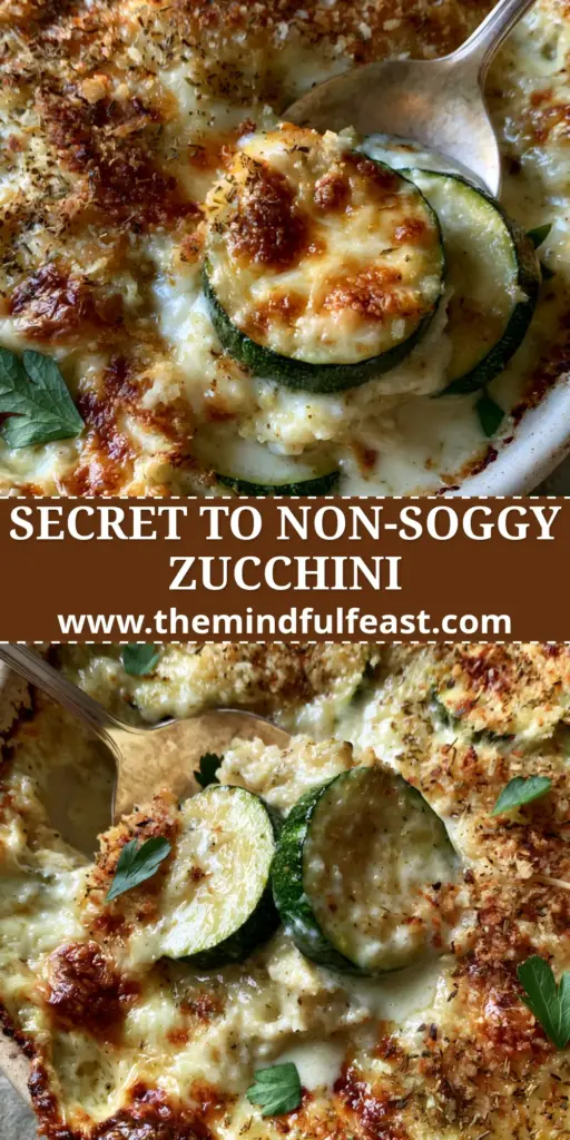 A bubbling Zucchini and Cheese Casserole in a white dish with a golden panko crust and a silver spoon lifting a portion.