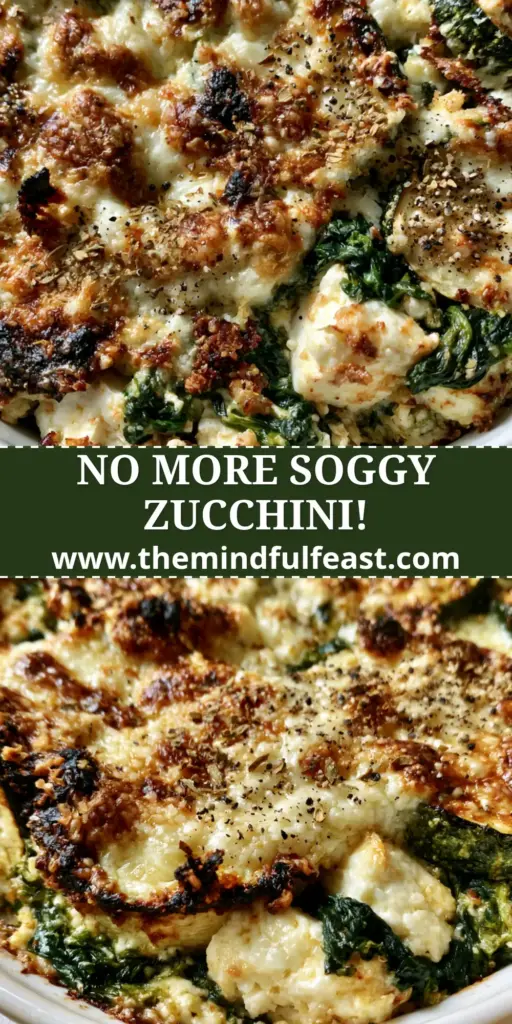 Zucchini Spinach and Feta Casserole with a Bubbly Parmesan Crust 3 A top-down view of a Zucchini Spinach and Feta Casserole in a white ceramic dish featuring a bubbly golden-brown parmesan crust and dark charred edges.