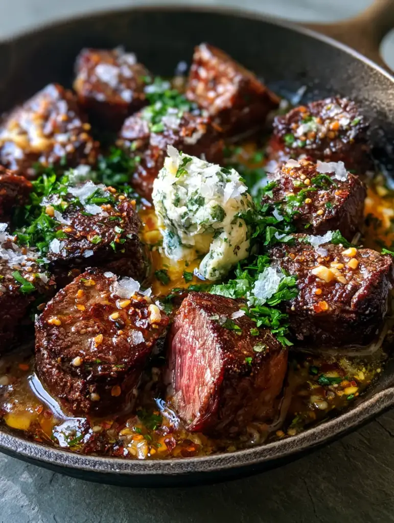 Cowboy Butter Steak Bites: The Ultimate 15-Minute Cast Iron Ribeye 1 Steak bites in a black cast iron skillet featuring grainy mustard specks and red pepper flakes. (cowboy butter steak bites)